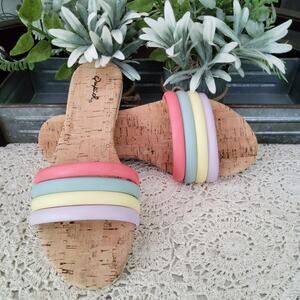 Qupid Women's Puffy Strappy Cork Slide Sandal with Pastel Colors in Size 7